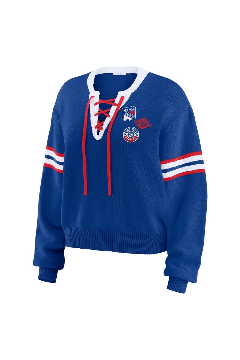 Women's WEAR by Erin Andrews  Blue New York Rangers Cropped Lace-Up Sweater, Alternate, color, Blue