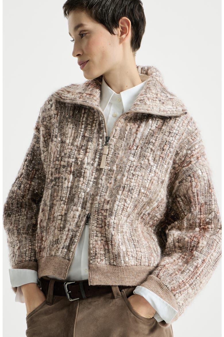 Dazzling tree bark embroidery cardigan in mohair and wool, Alternate, color, Beige