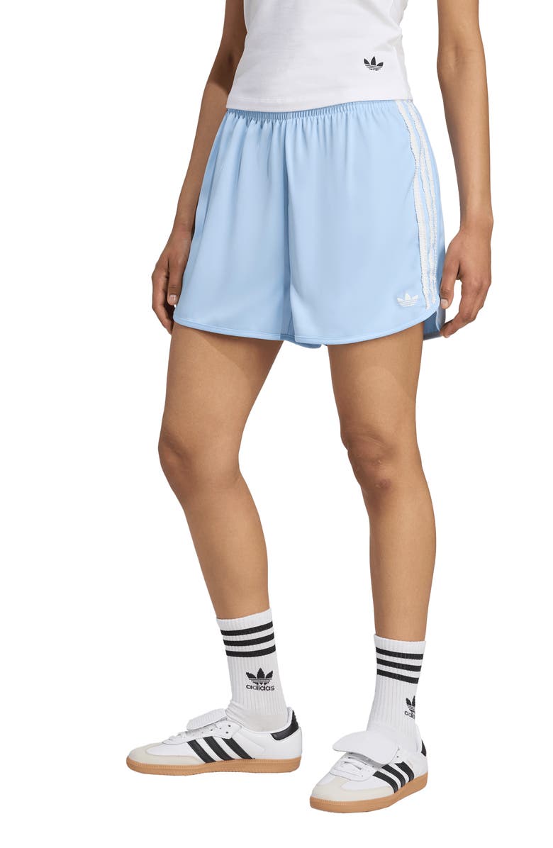 adidas Ruffle 3-Stripes Satin Shorts, Main, color, Clear Sky