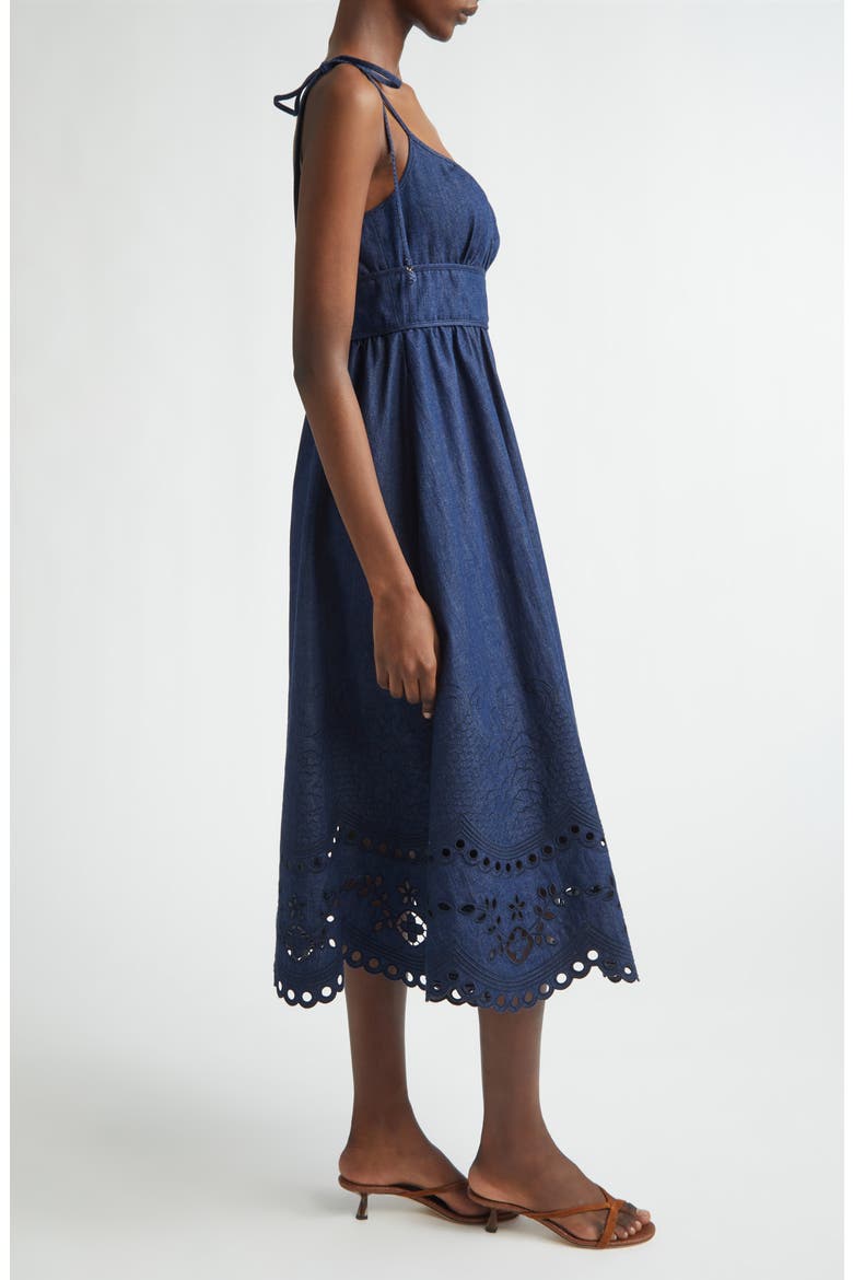 Mohan Broderie Anglaise Trim Denim Midi Dress, Alternate, color, INK