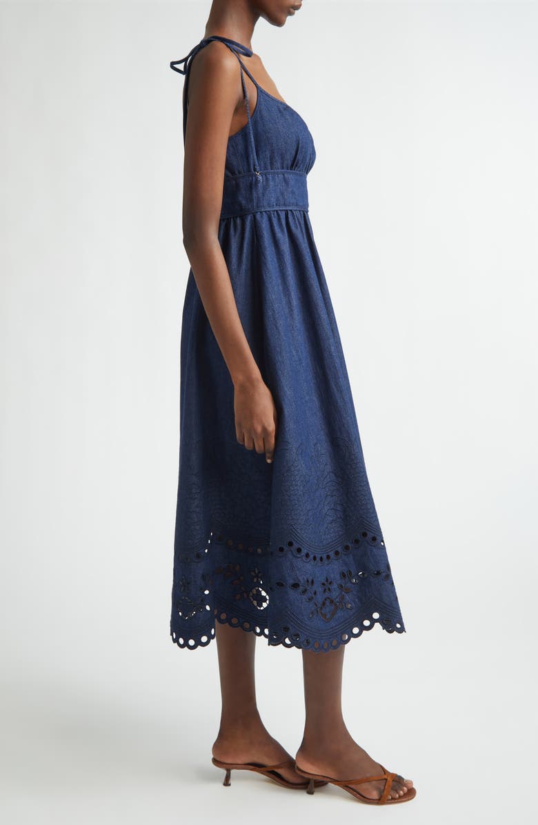 Zimmermann Mohan Broderie Anglaise Trim Denim Midi Dress, Alternate, color, Ink