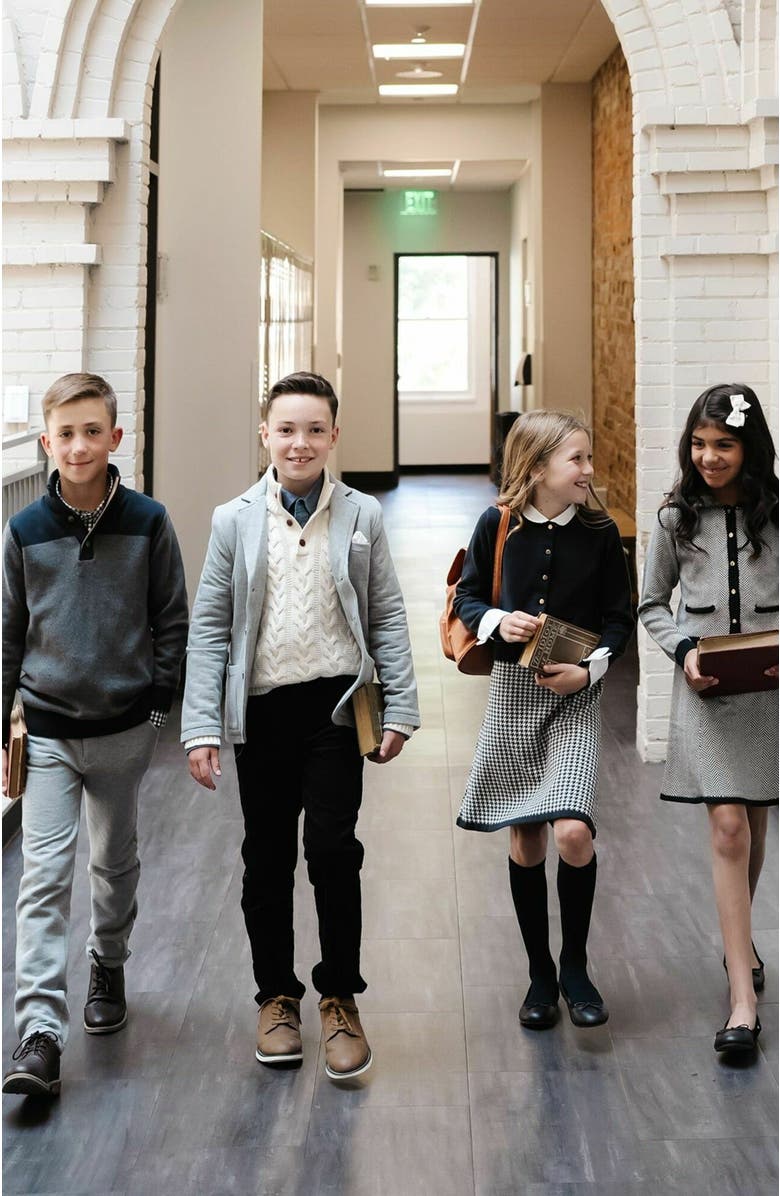 Hope & Henry Girls' Faux Fur Cardigan and Skirt Sweater Set, Kids, Alternate, color, Charcoal And Ivory Herringbone