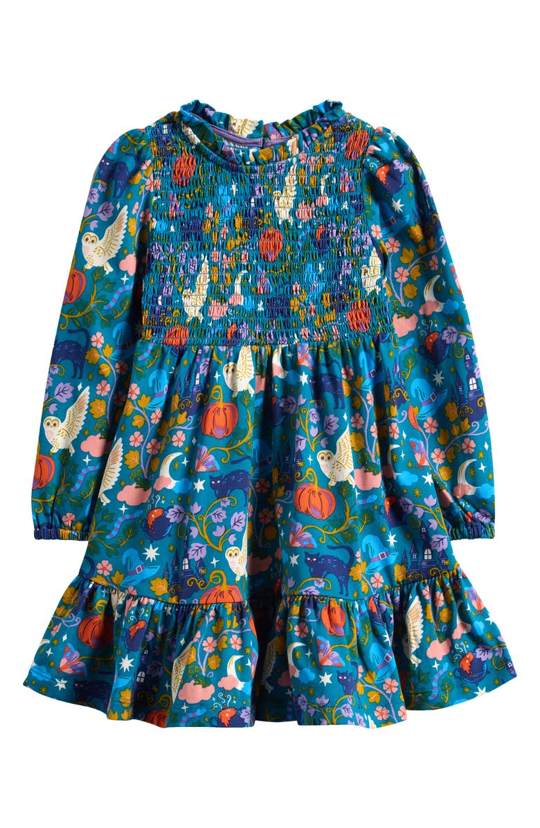 Mini Boden Kids' Twirly Smocked Long Sleeve Cotton Dress, Main, color, Deep Sea Green Spooky Toile