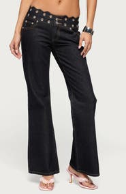 EDIKTED Scalloped Grommet Waist Bootcut Jeans