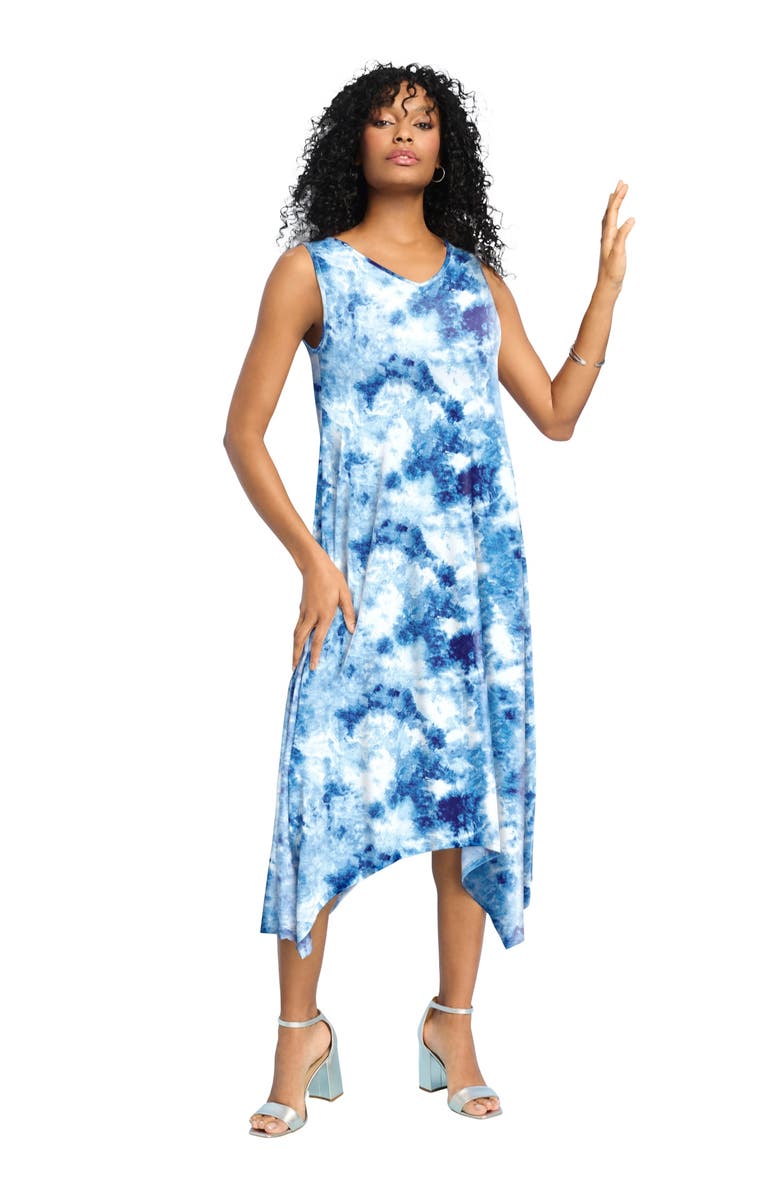 Roaman's Plus Size Stretch Knit Mid Length Sleeveless Swing Dress, Main, color, Blue Textured Tie Dye