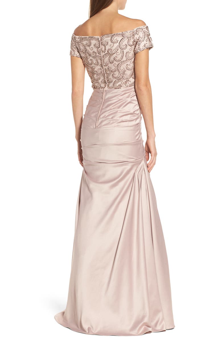 La Femme Off the Shoulder Beaded Satin Trumpet Gown, Alternate, color, Champagne