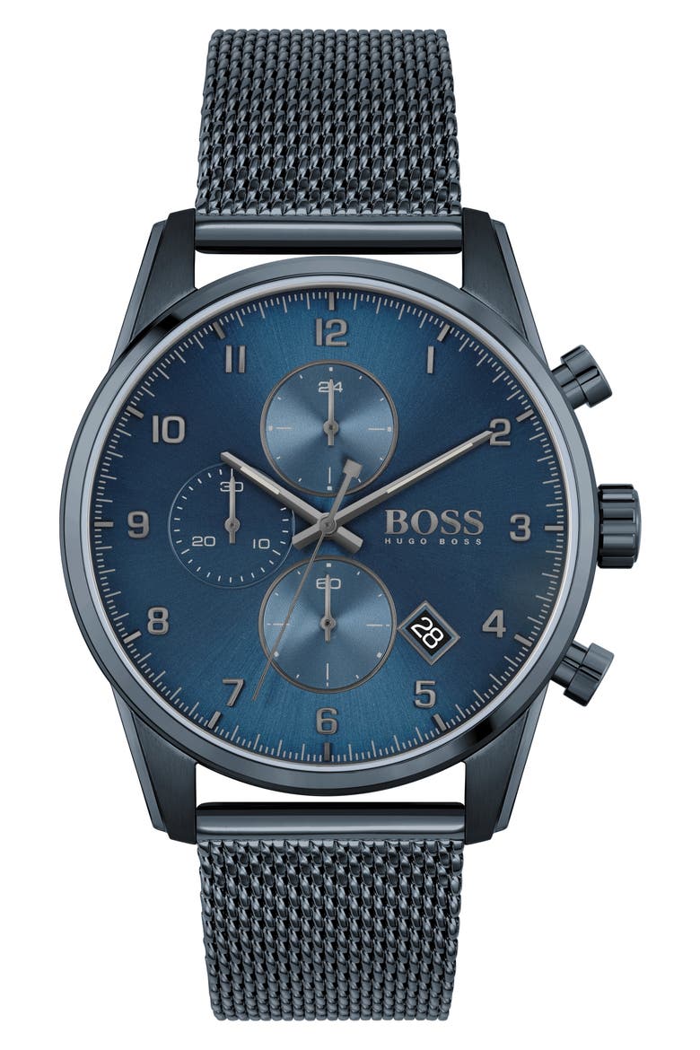 Skymaster Chronograph Mesh Strap Watch, 44mm, Main, color, BLUE