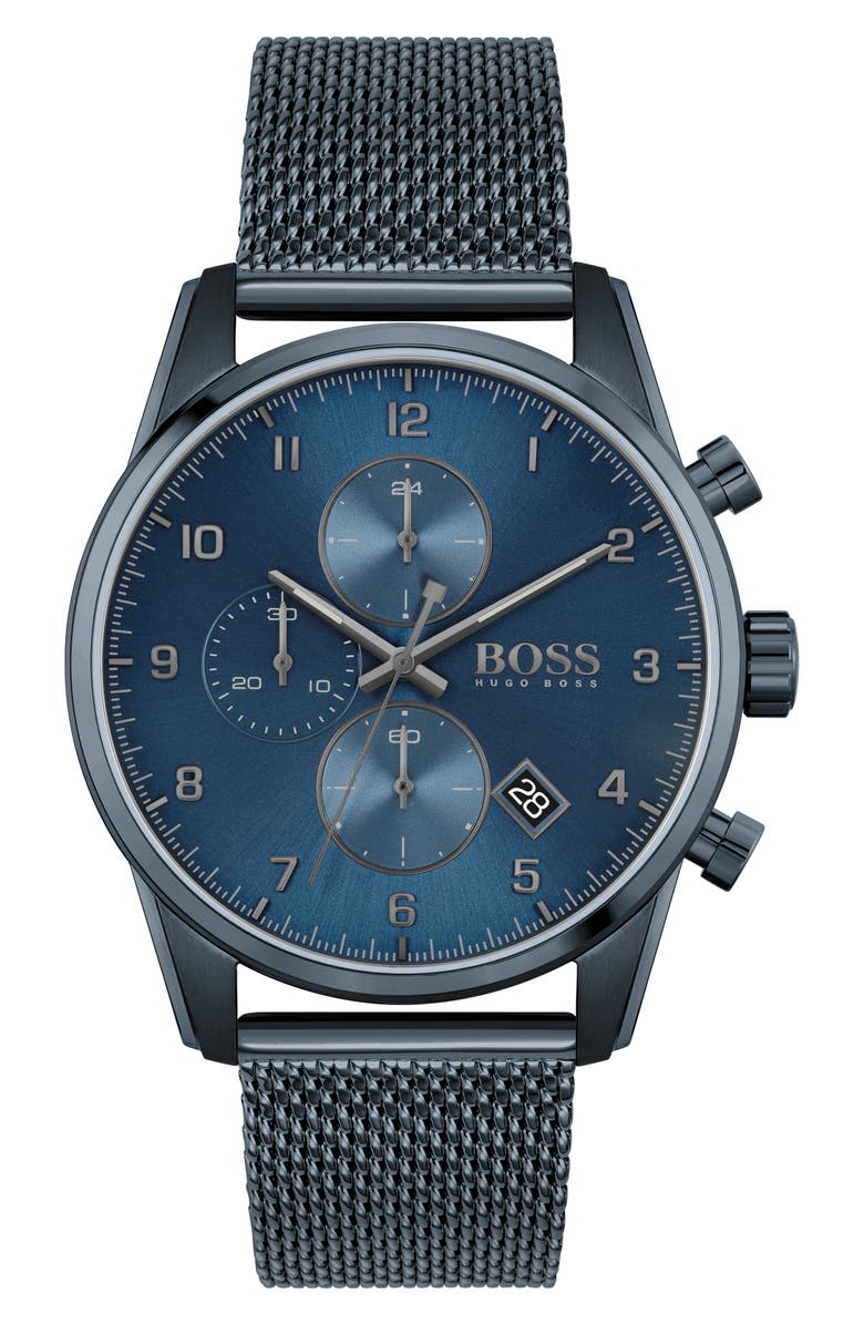 BOSS Skymaster Chronograph Mesh Strap Watch, 44mm, Main, color, Blue