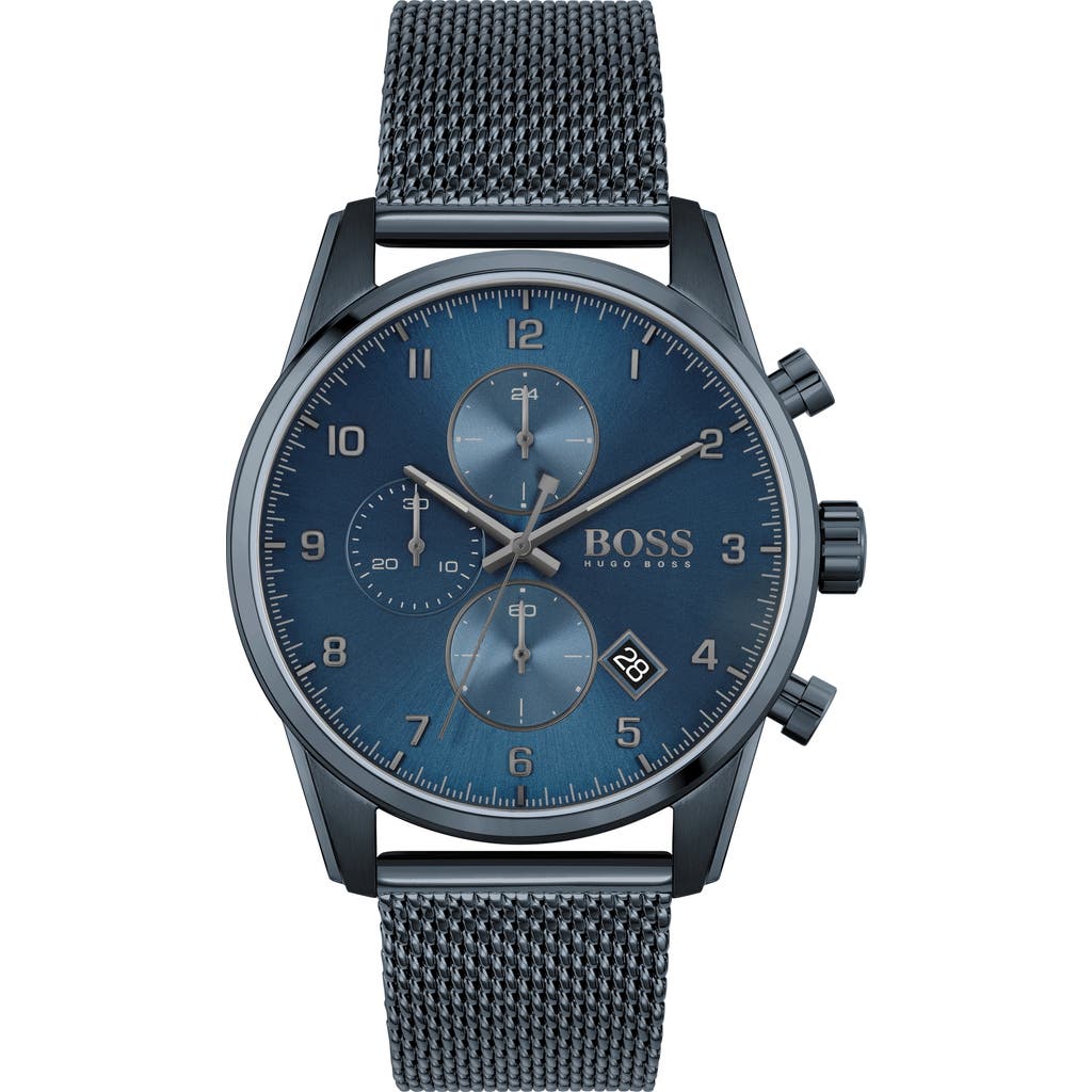 Hugo Boss Men's Chronograph Skymaster Blue Ion-plated Mesh Steel Bracelet Watch 44mm In Blue