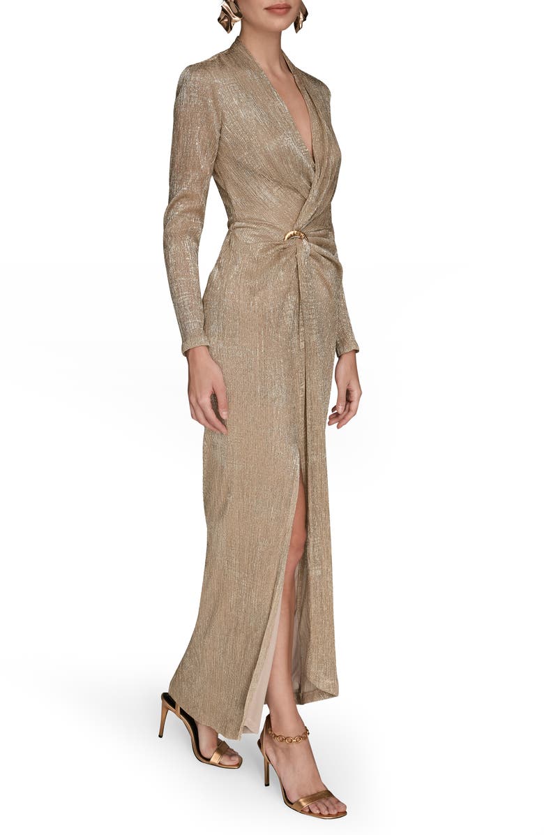 Donna Karan New York Metallic Side Slit Long Sleeve Gown, Alternate, color, Gold