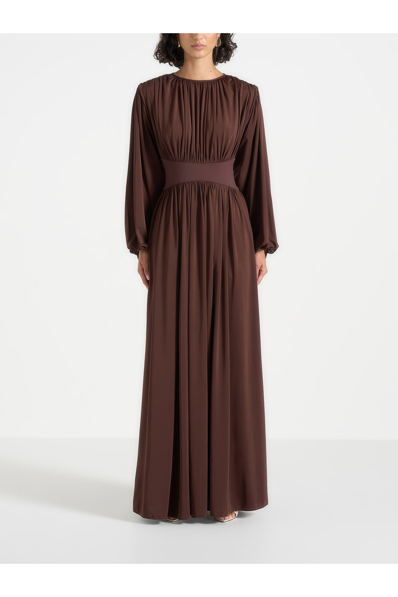 Ivana Cinched Maxi Dress with Detachable Sleeves, Main, color, Brown