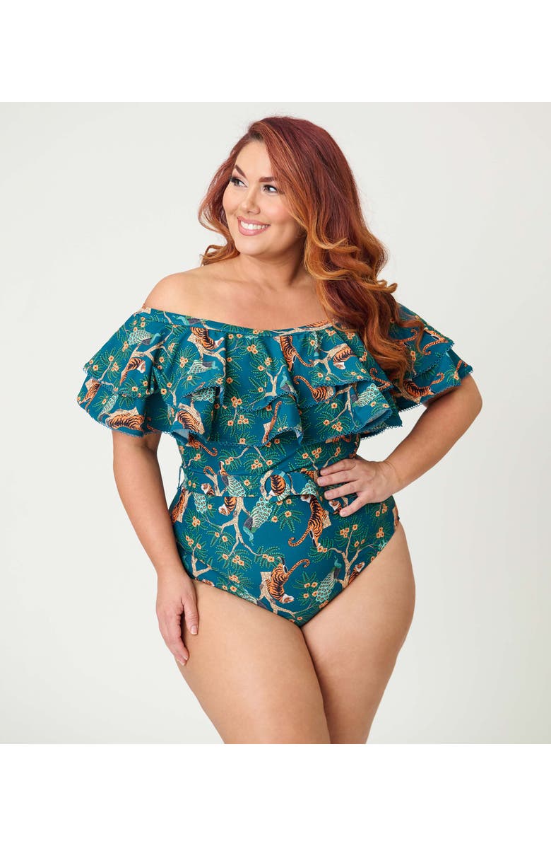 Unique Vintage Off Shoulder Nantucket Swimsuit, Main, color, Teal Tiger Print