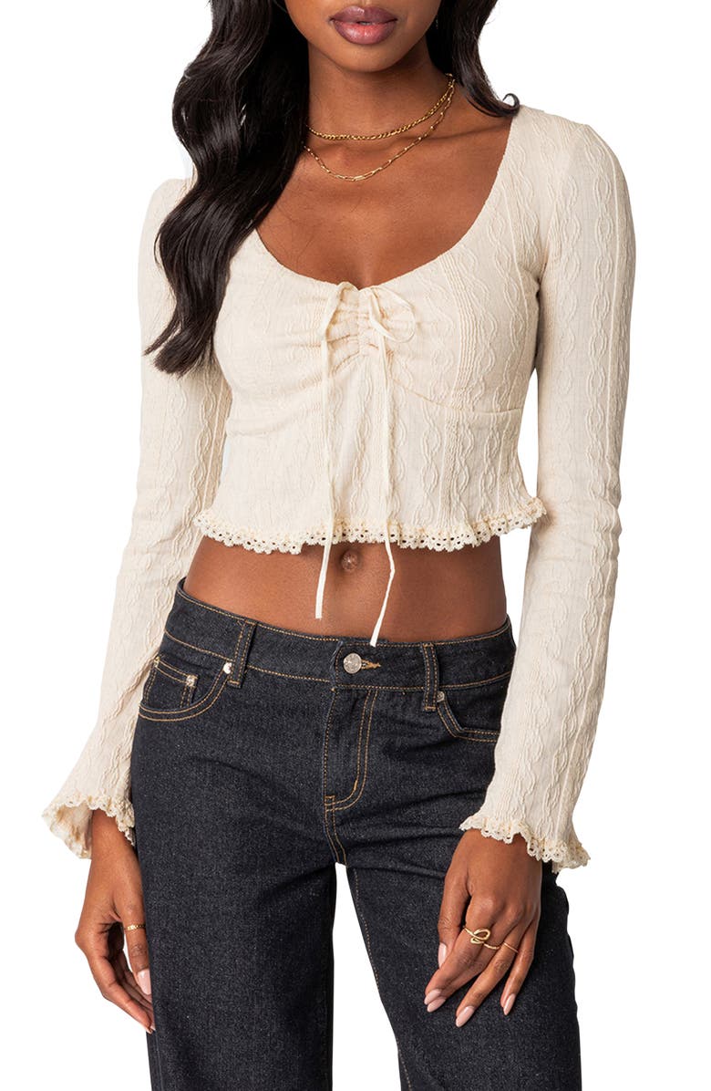 EDIKTED Lacey Long Sleeve Knit Crop Top, Main, color, Cream