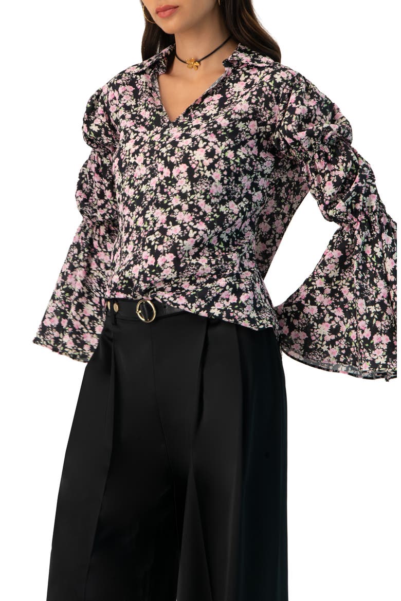Collared Long Sleeve Floral Print Blouse, Alternate, color, Black