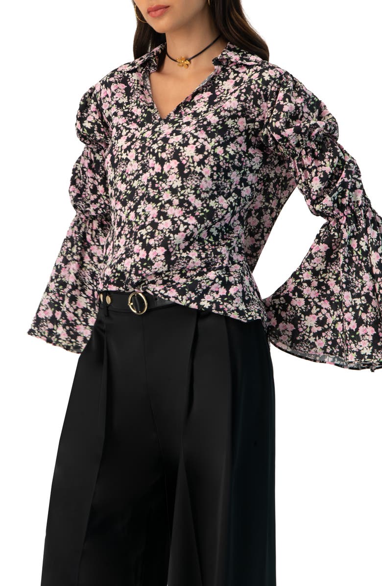 IVONNE Collared Long Sleeve Floral Print Blouse, Alternate, color, Black