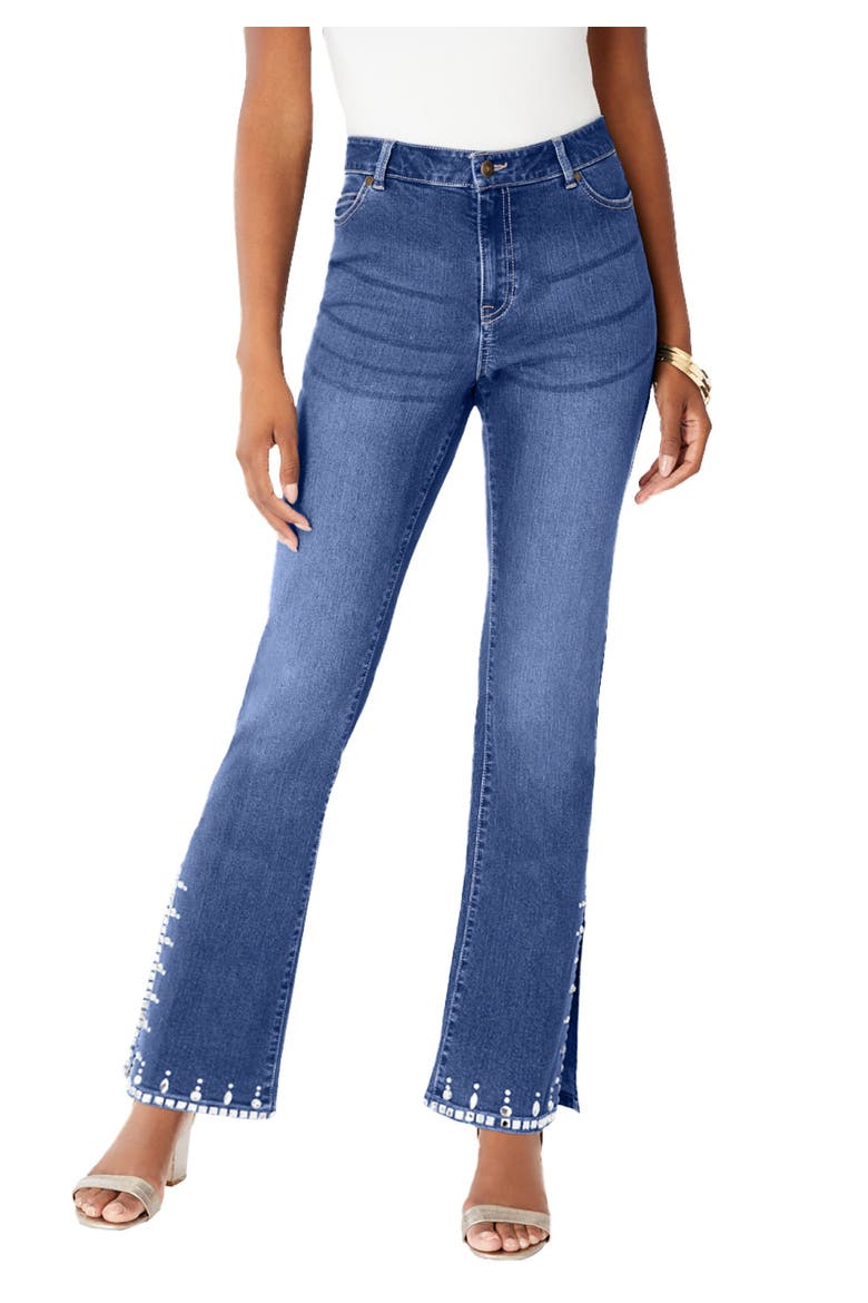 Plus Size Invisible Stretch® Rhinestone Detail Split Flare Leg Jean, Main, color, MEDIUM WASH