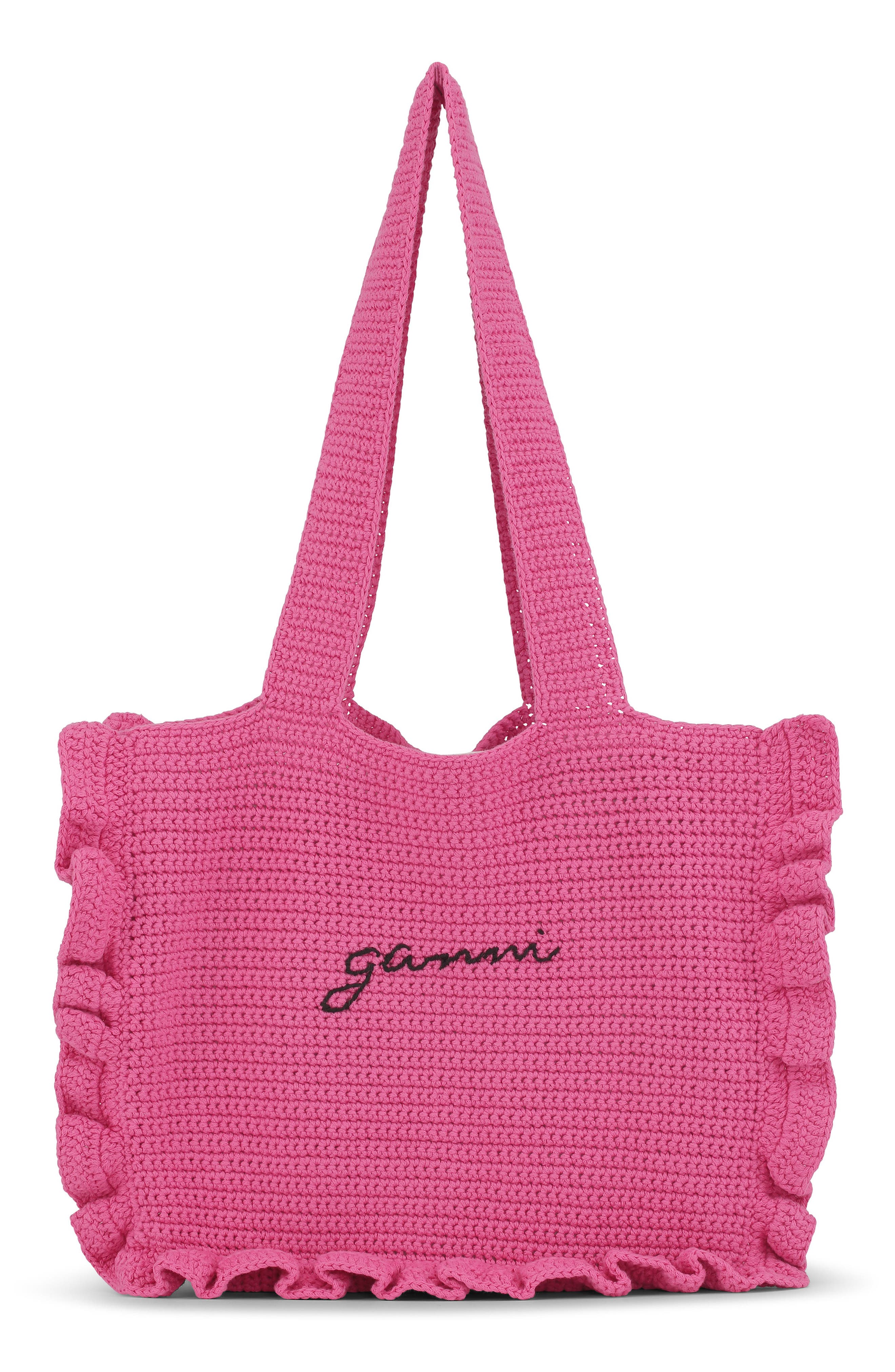 Ganni Organic Cotton Crochet Frill Tote Bag, Main, color, 