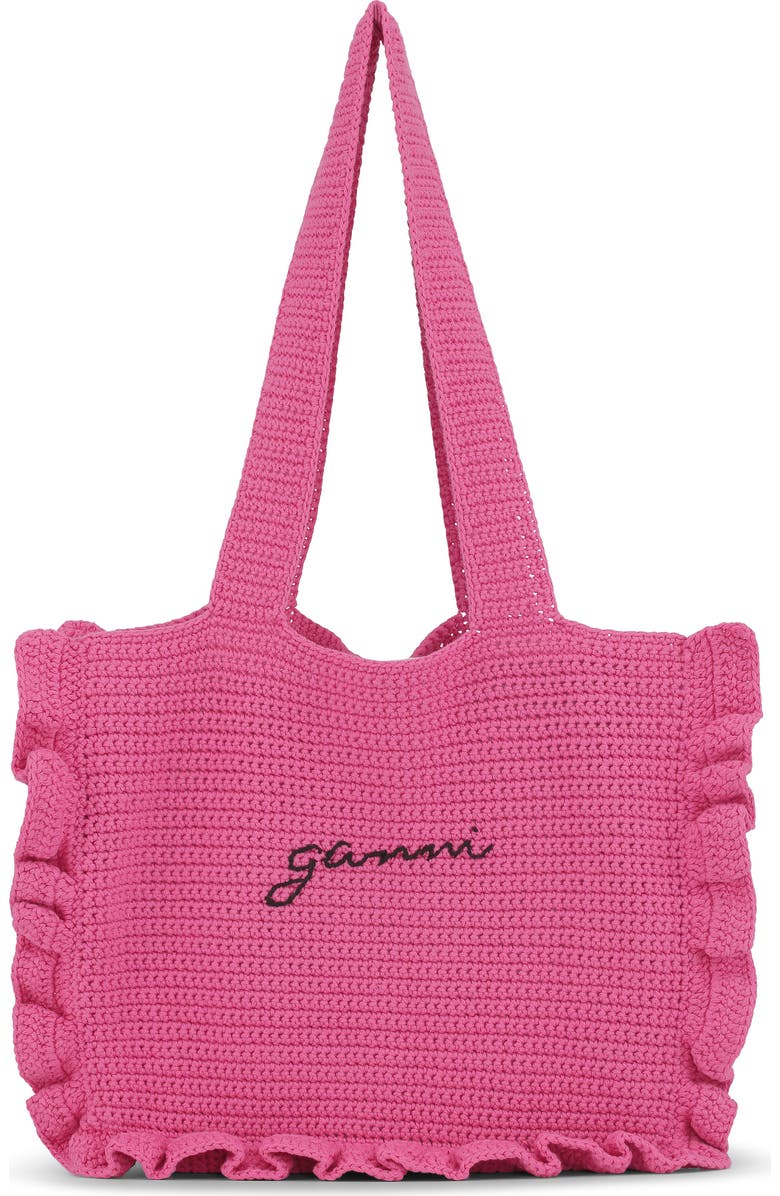 Ganni Organic Cotton Crochet Frill Tote Bag, Main, color,