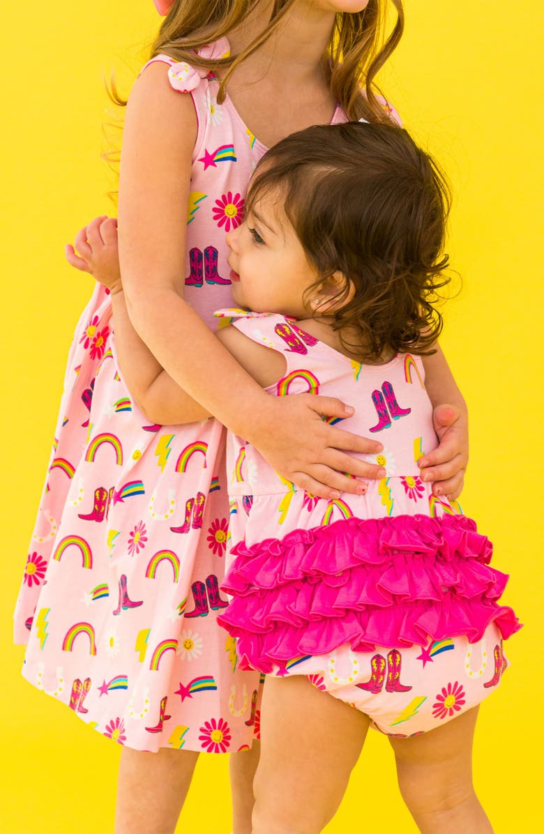 RuffleButts Cowgirl Cutie Ruffle Bubble Romper, Alternate, color, Pink