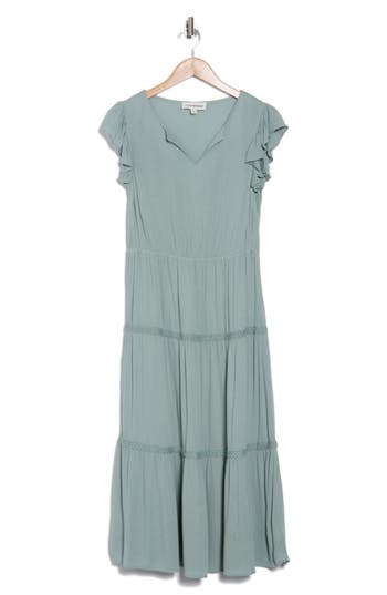 LUCKY BRAND LUCKY BRAND RUFFLE CAP SLEEVE TIERED MIDI DRESS 