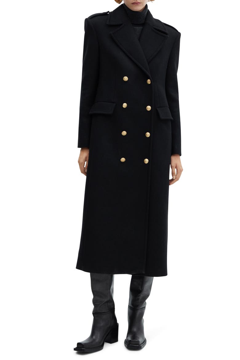 Double Breasted Virgin Wool Blend Long Coat, Main, color, BLACK