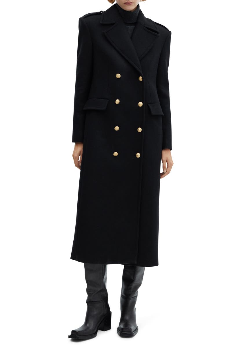 MANGO Double Breasted Virgin Wool Blend Long Coat, Main, color,