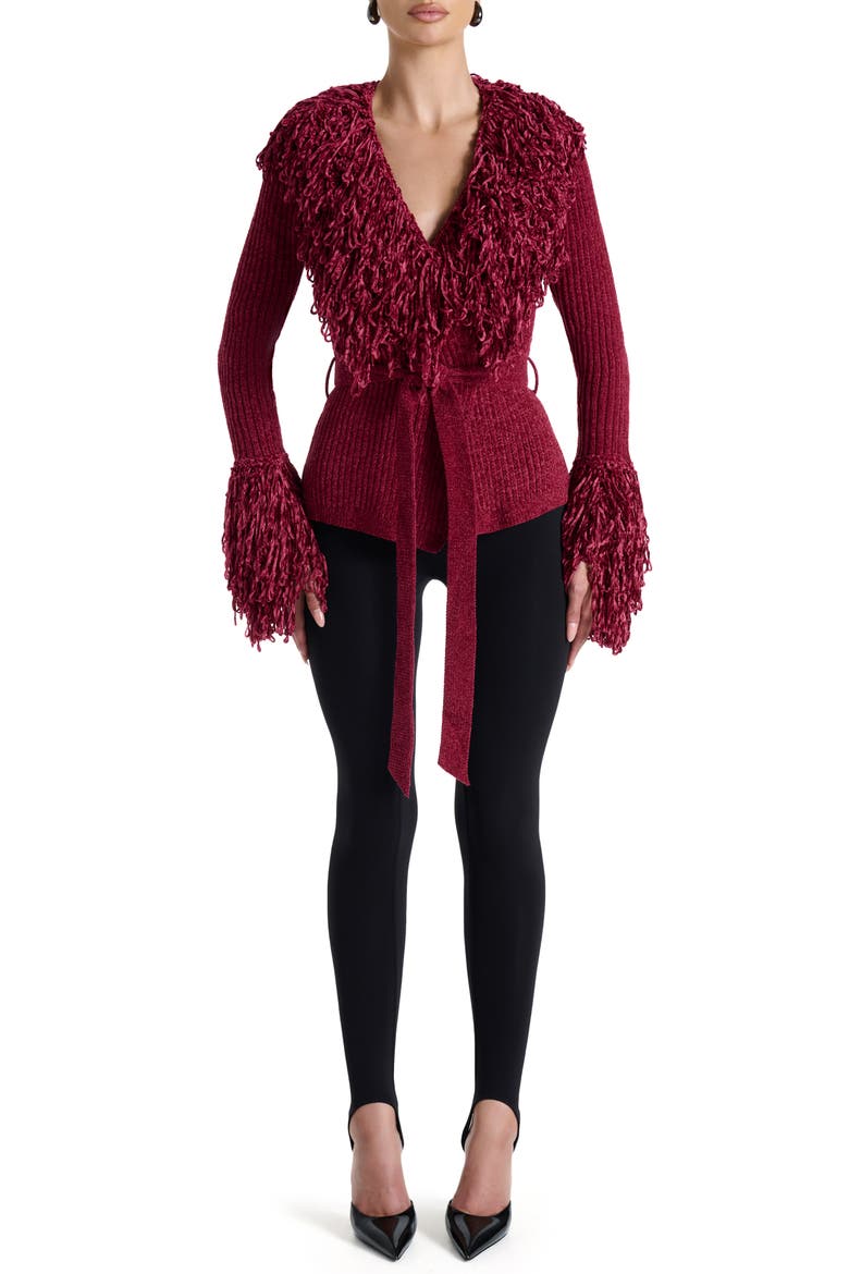 Fringe Tie Waist Chenille Cardigan, Alternate, color, CURRANT