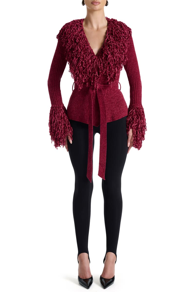 Naked Wardrobe Fringe Tie Waist Chenille Cardigan, Alternate, color, Currant