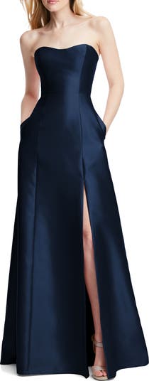 navy blue dress for baby girl Alfred Sung Strapless Satin A-Line Gown