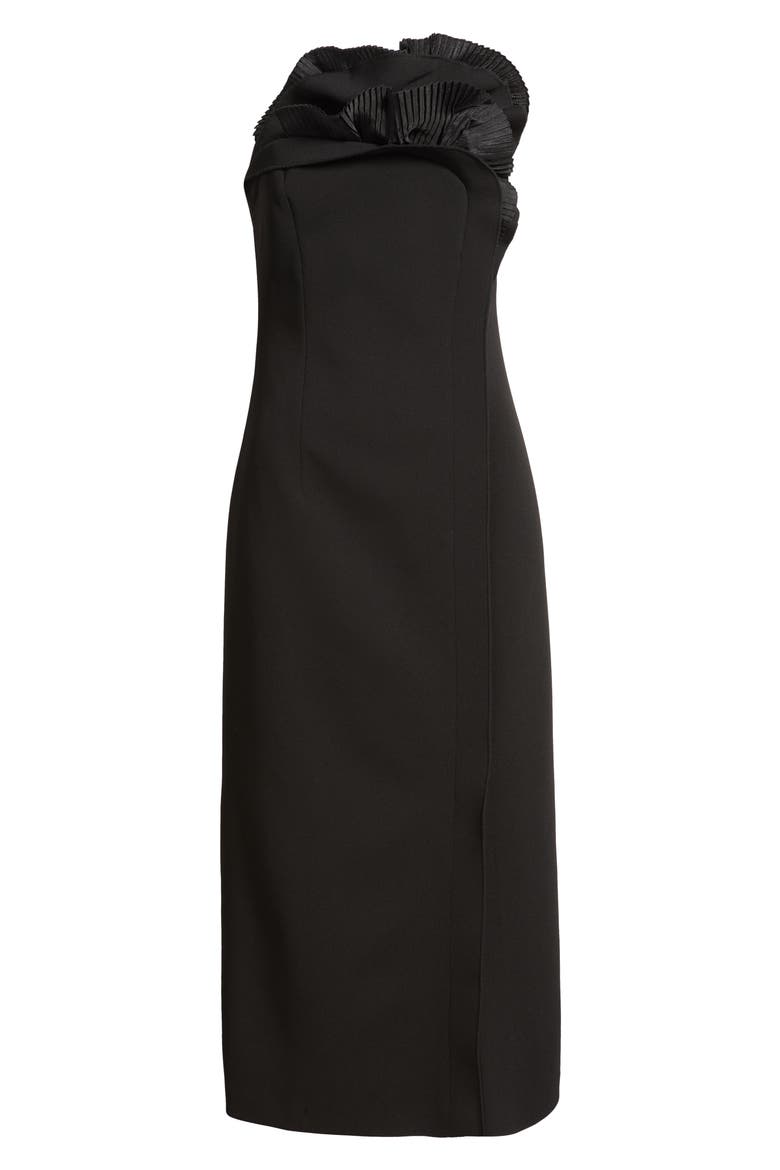 Pleated Ruffle Detail Strapless Cocktail Sheath Dress, Alternate, color, BLACK