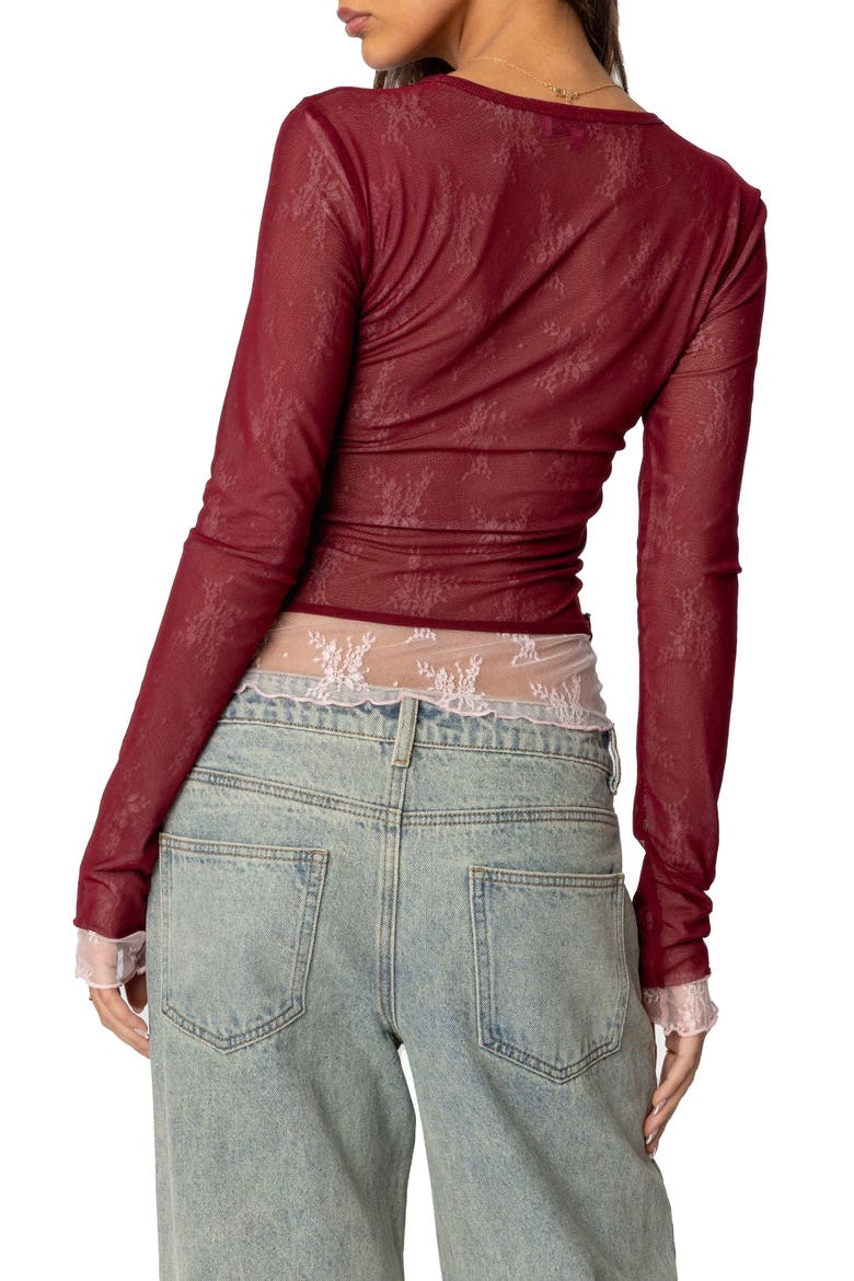 Lacy Sheer Mesh Crop Top, Alternate, color, BURGUNDY