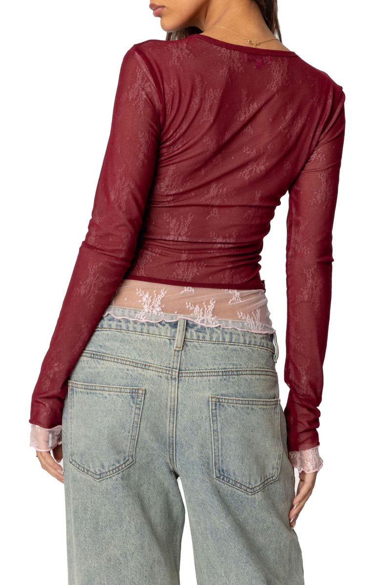 EDIKTED Lacy Sheer Mesh Crop Top, Alternate, color, Burgundy