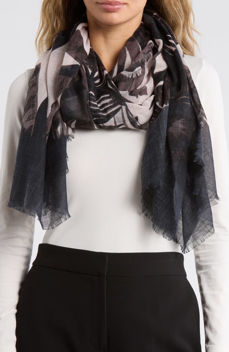 Vince Camuto Palm Print Wrap Scarf, Main, color, Black