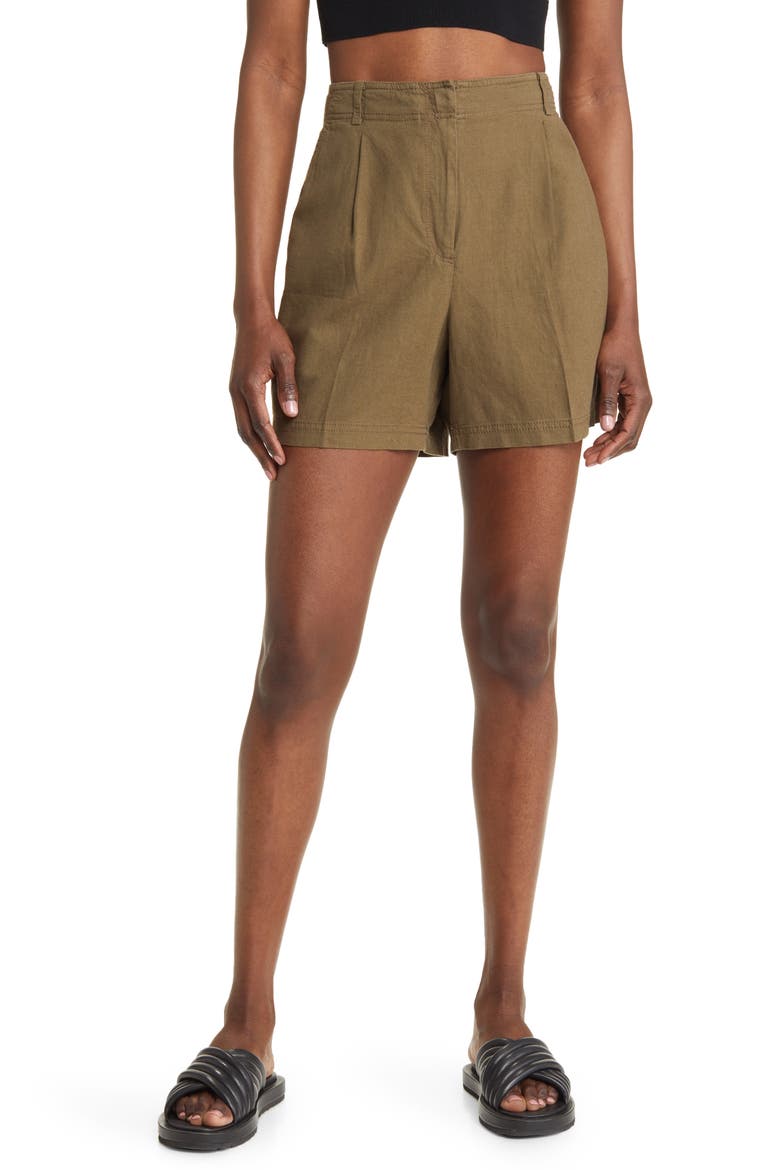 Pleated Linen Blend Shorts, Main, color, OLIVE SARMA