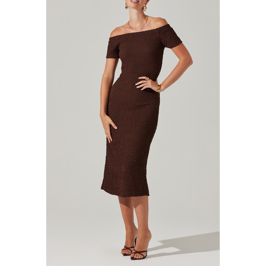 Astr The Label Promise Off The Shoulder Short Sleeve Midi Dress In Brown