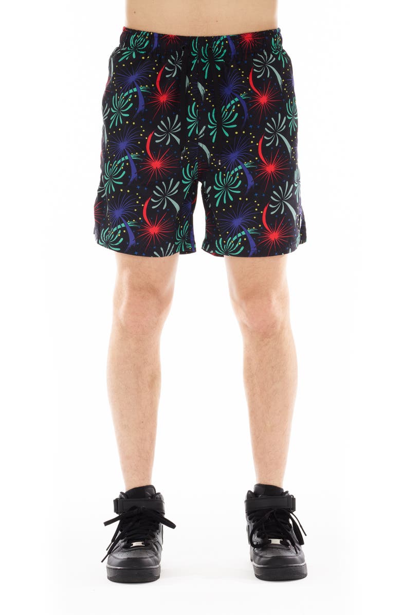 Cult of Individuality Fireworks Print Swim Trunks, Main, color, 