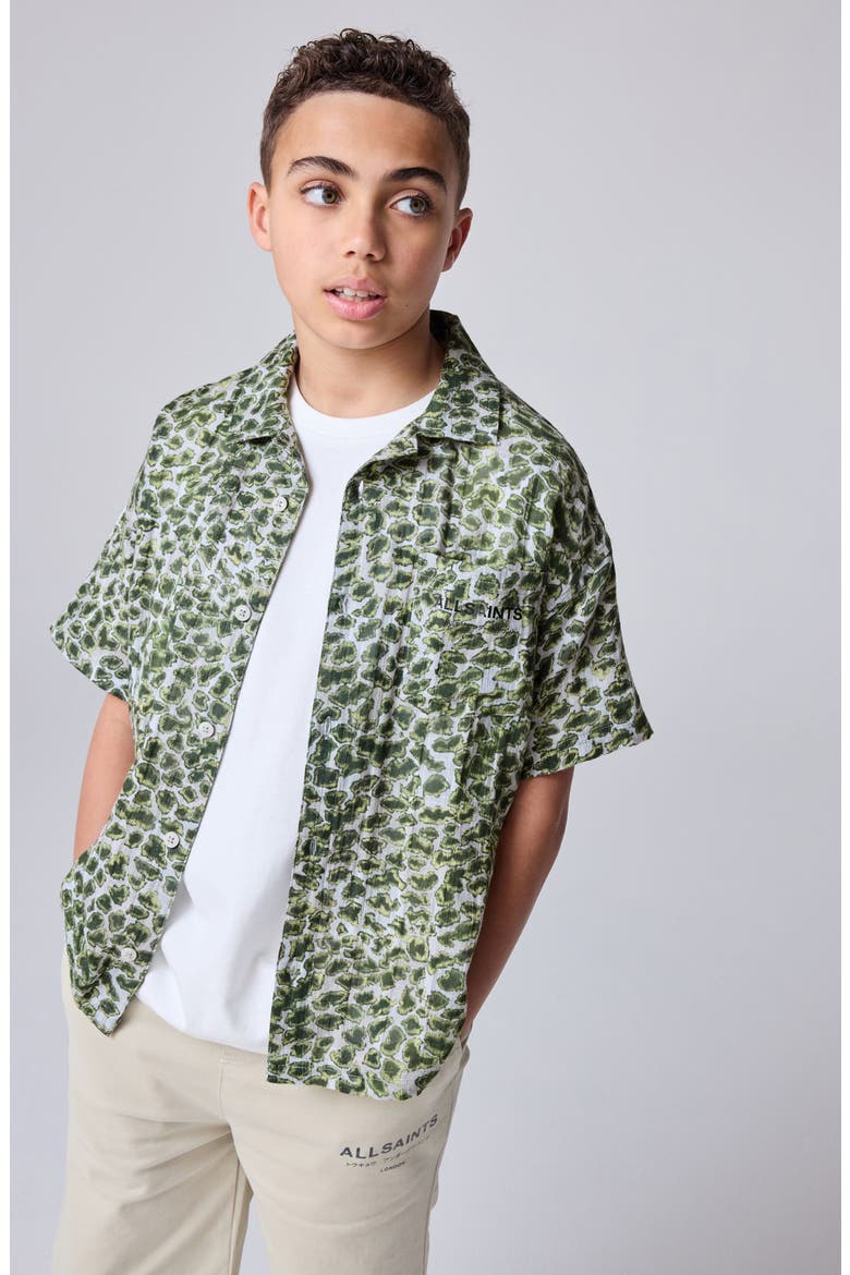 Kids' Animal Print Short Sleeve Cotton Button-Up Shirt, Alternate, color, GREEN