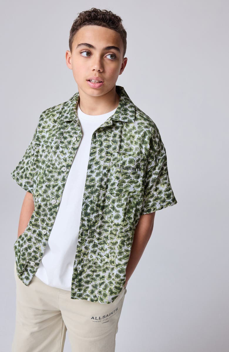 smALLSAINTS by ALLSAINTS Kids' Animal Print Short Sleeve Cotton Button-Up Shirt, Alternate, color, Green
