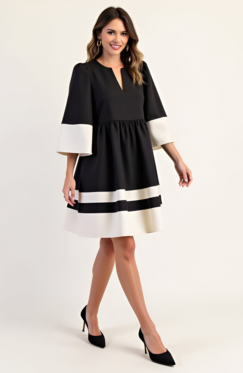 Modenaire Fit-and-Flare Contrast Trim V-Neck Cuffed Sleeve Mini Dress, Alternate, color, Black / White