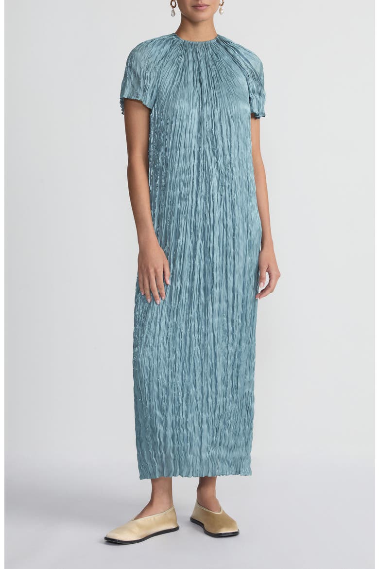 Iridescent Twill Plissé Maxi Dress, Main, color, LAGOON GREEN