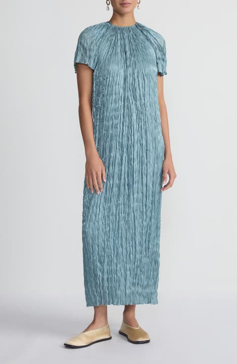 Iridescent Twill Plissé Maxi Dress