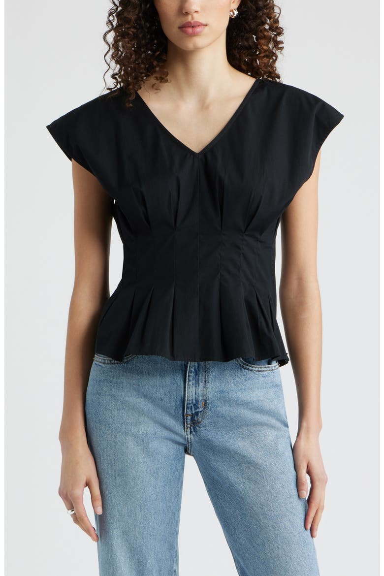 Pleated V-Neck Poplin Top, Main, color, BLACK