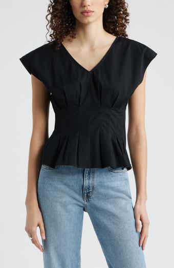 Pleated V-Neck Poplin Top