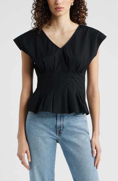 Pleated V-Neck Poplin Top