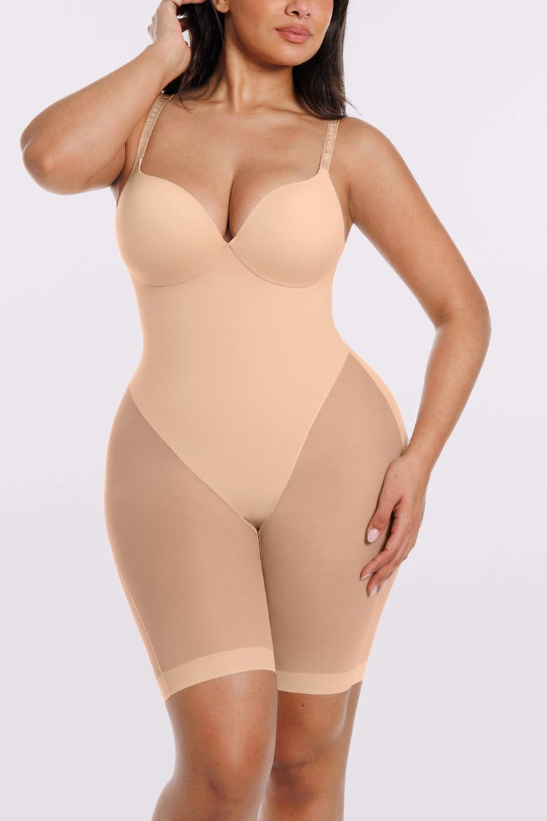 Women Body Shaper Low Back Mid-Thigh Bodysuit, Alternate, color, Beige