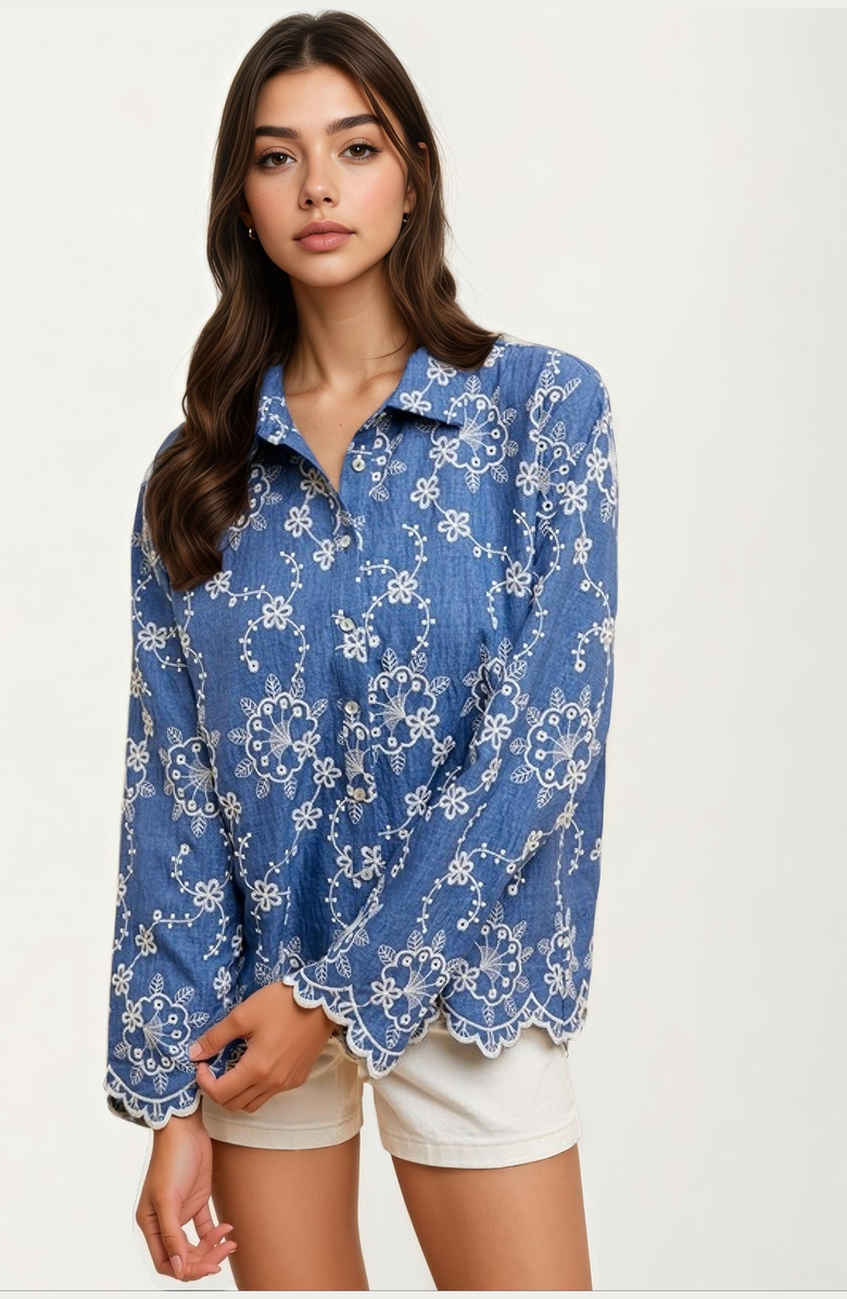 Knit and Lounge Floral Embroidered Denim Long Sleeve Blouse, Main, color, 