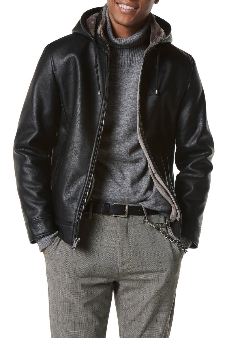 Jutland Hooded Faux Fur Lined Faux Leather Moto Jacket, Alternate, color, BLACK