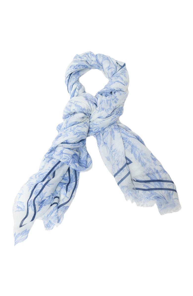 maje Floral print wool blend shawl, Alternate, color, White/Blue
