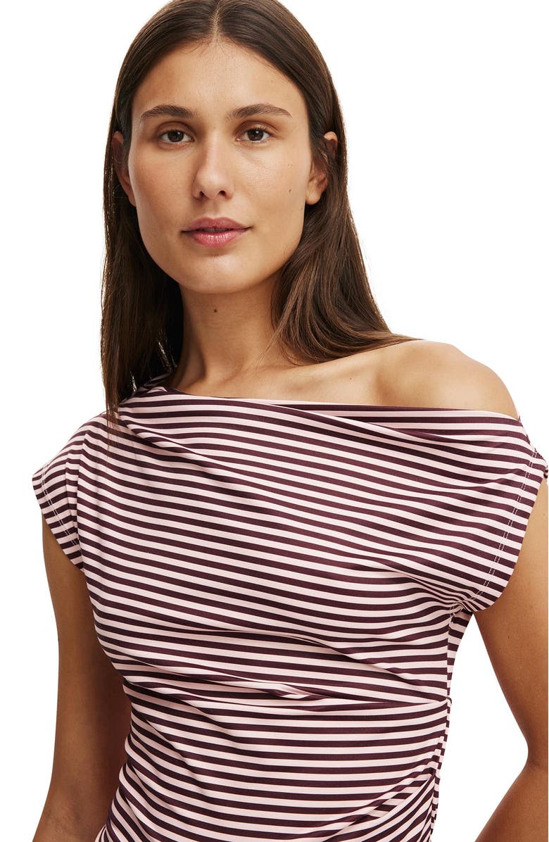Cotton On Women's Georgie Off Shoulder Short Sleeve, Alternate, color, Madi Stripe Cherrywood