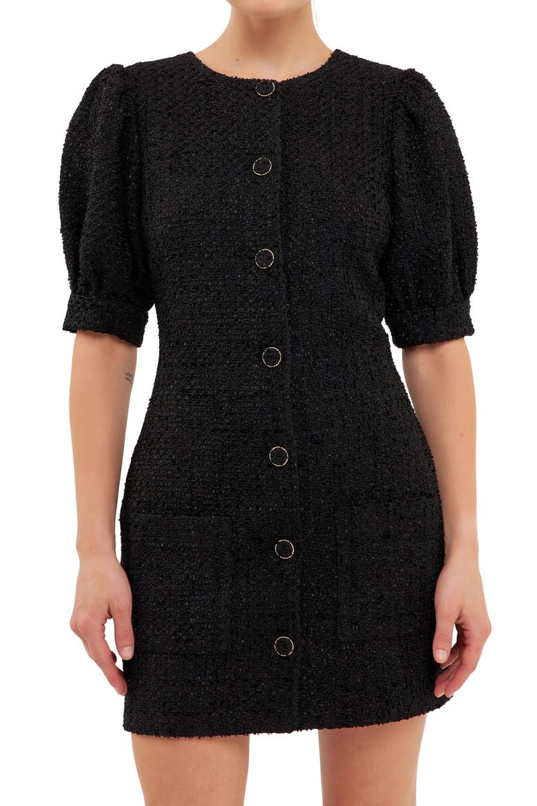 Puff Sleeve Tweed Button-Up Minidress, Alternate, color, BLACK